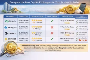 Comparison chart of the best crypto exchanges for Thai traders with fees, security and THB deposit methods