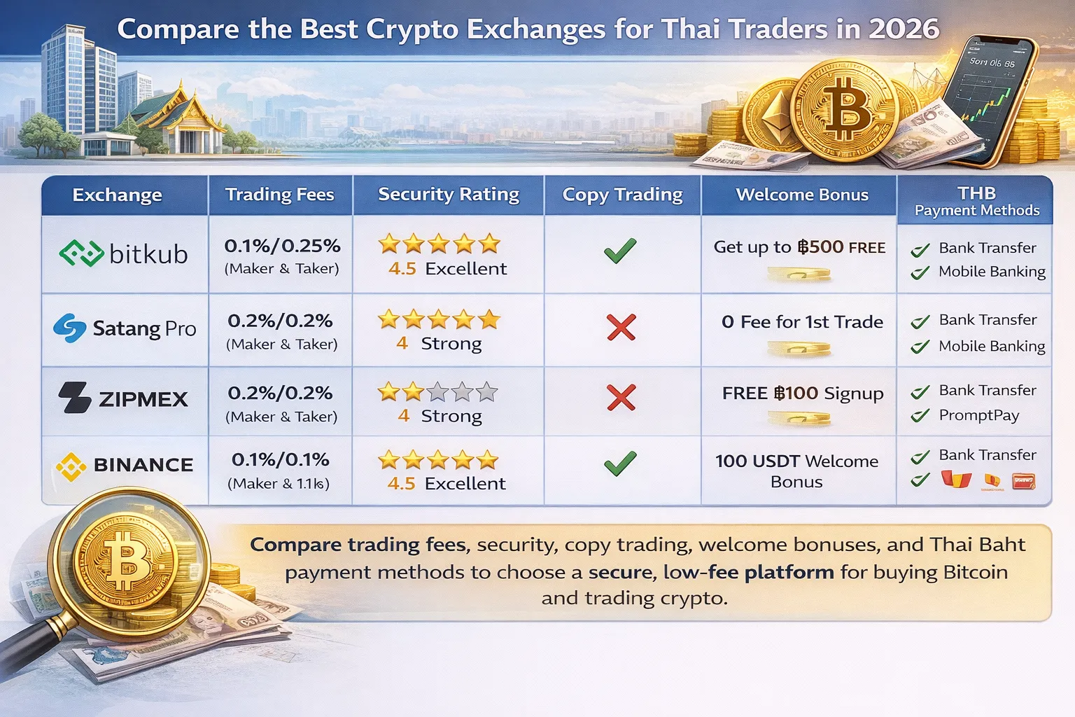Comparison chart of the best crypto exchanges for Thai traders with fees, security and THB deposit methods