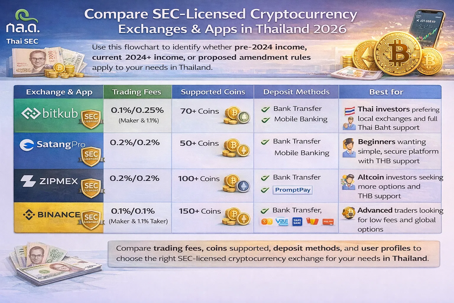 Comparison table of 8 SEC-licensed Bitcoin and crypto apps for Thailand showing coins, fees, deposits, and best uses