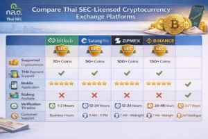 Comparison table of Thai SEC-licensed crypto exchanges Bitkub, Upbit, Orbix