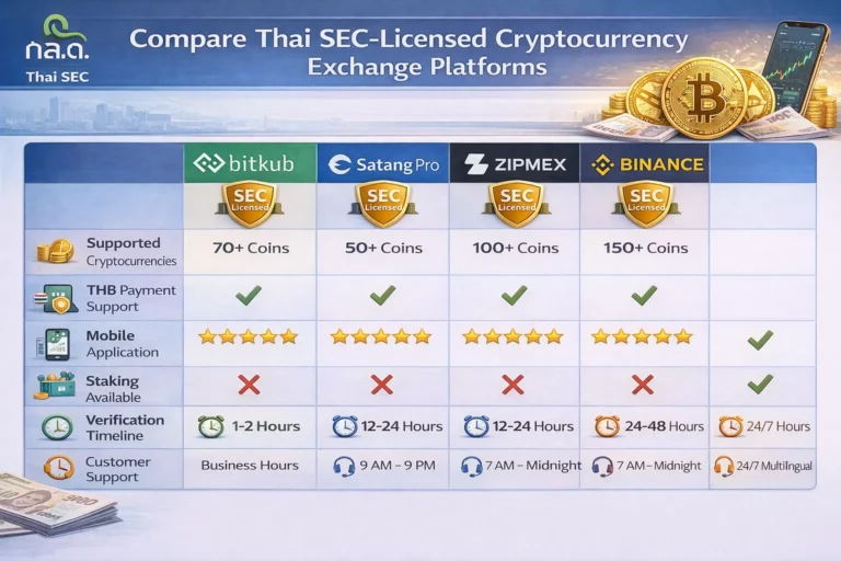 Comparison table of Thai SEC-licensed crypto exchanges Bitkub, Upbit, Orbix