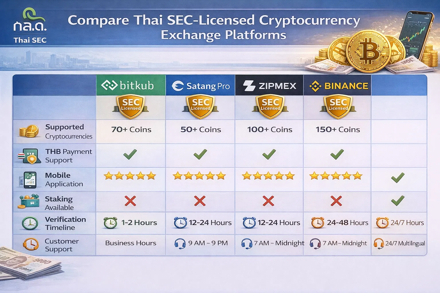 Comparison table of Thai SEC-licensed crypto exchanges Bitkub, Upbit, Orbix