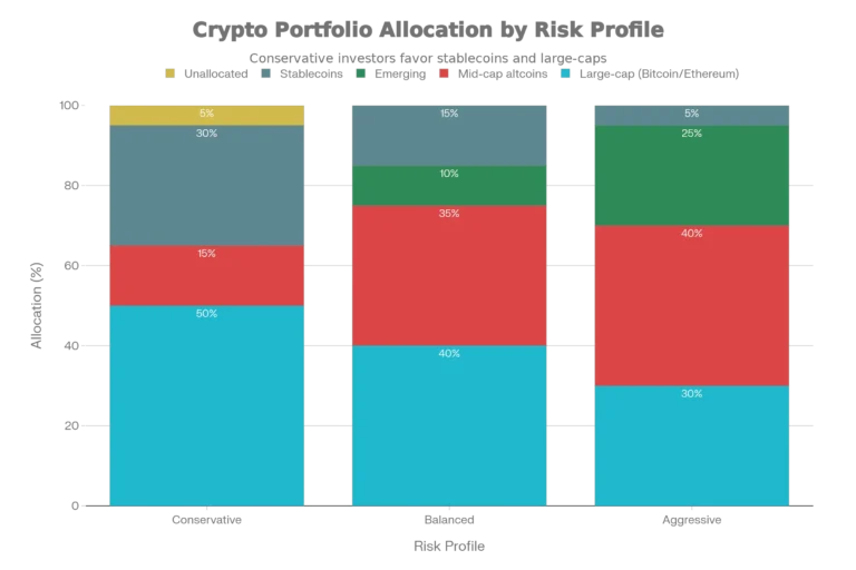 Portfolio allocation models for cryptocurrency investing Conservative (50% large-cap), Balanced (40% mixed), Aggressive (30% growth)