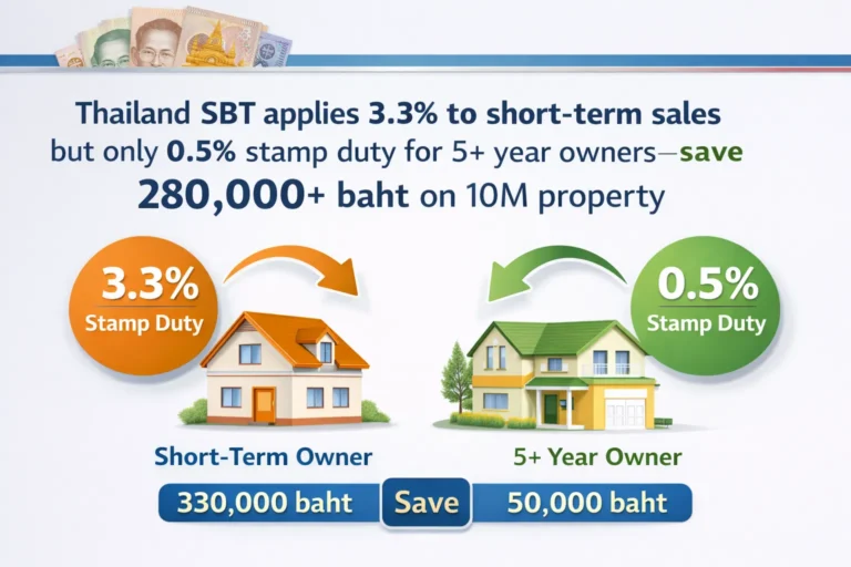 Thailand Specific Business Tax calculation table showing 3.3% rate for properties owned under 5 years versus 0.5% stamp duty for long-term ownership