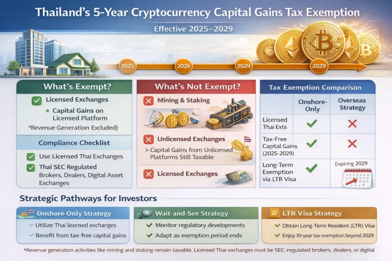 Thailand crypto capital gains tax exemption visualization showing 0% tax on licensed platforms 2025-2029