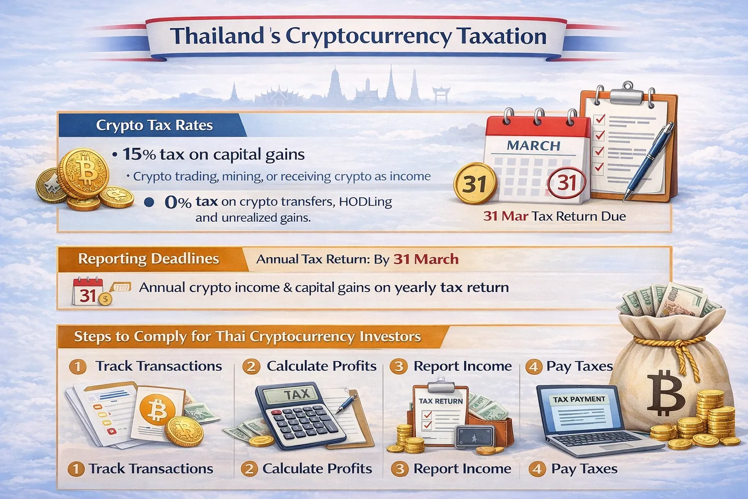 Thailand cryptocurrency tax compliance flowchart showing tax rates and reporting deadlines