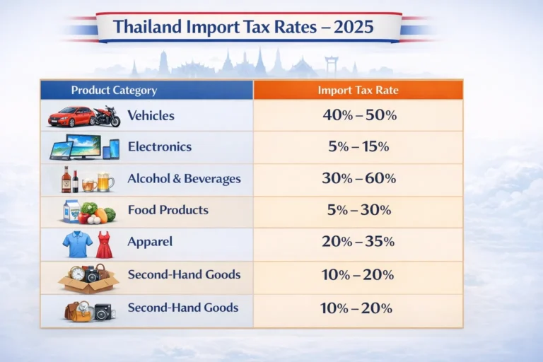 Thailand import tax rates comparison chart 2026 vehicles electronics food categories