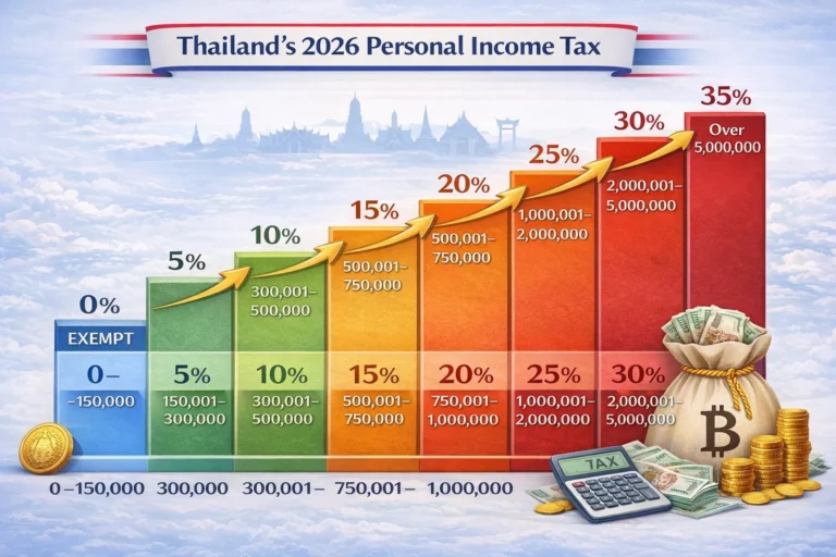Thailand personal income tax rates 2026 progressive tax brackets chart showing 0-150000 baht exempt through 5000001 baht 35 percent rate