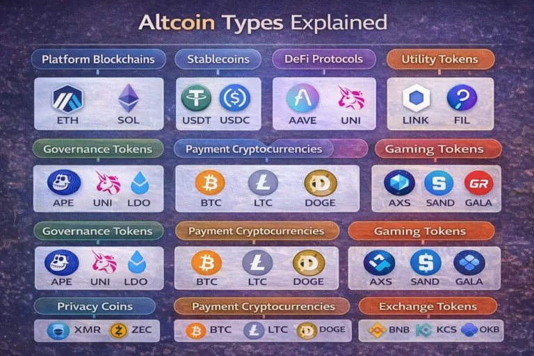 Comprehensive visual guide to 10 types of altcoins including platform coins like Ethereum and Solana, stablecoins like USDT and USDC, DeFi governance tokens, utility tokens, gaming and NFT tokens, payment coins, and privacy coins with real-world examples and current market use cases in 2026