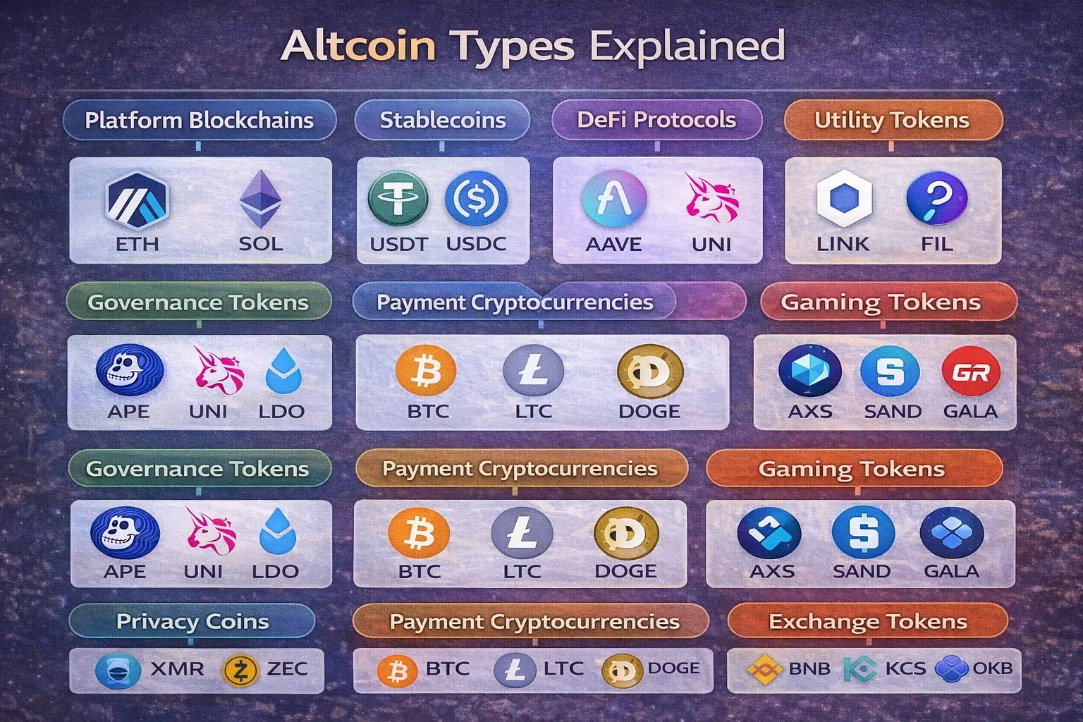 Comprehensive visual guide to 10 types of altcoins including platform coins like Ethereum and Solana, stablecoins like USDT and USDC, DeFi governance tokens, utility tokens, gaming and NFT tokens, payment coins, and privacy coins with real-world examples and current market use cases in 2026
