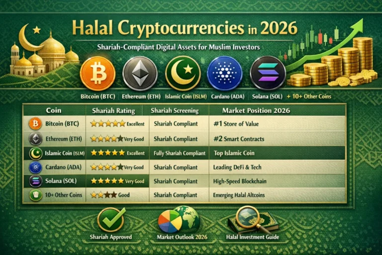 Infographic comparing 15 halal cryptocurrencies with Shariah compliance ratings: Bitcoin, Ethereum, Islamic Coin, Cardano, Solana, and more 2026