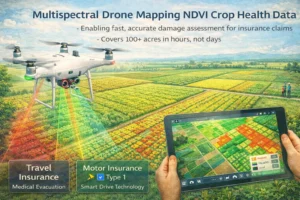 Drone with multispectral camera mapping crop damage and NDVI vegetation indices for agricultural insurance claims assessment