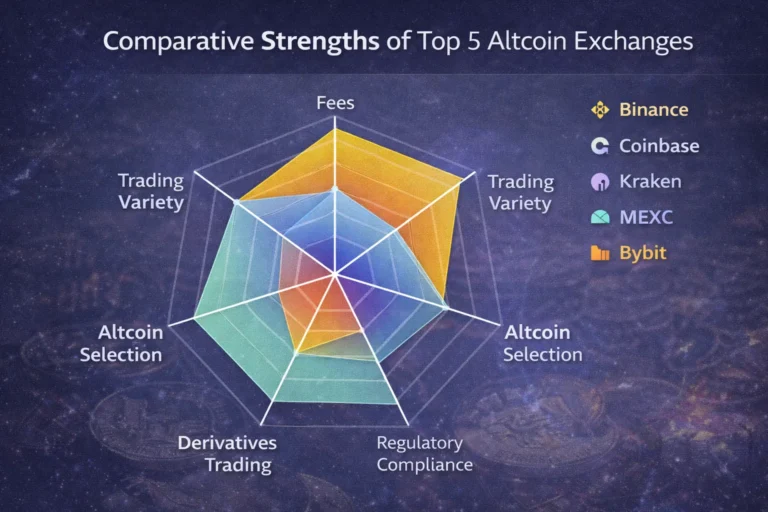 Radar chart comparing altcoin exchanges: Binance, MEXC, Kraken, Coinbase, Bybit across fees, security, liquidity 2026