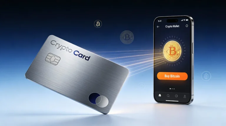 Crypto debit card and smartphone showing Bitcoin purchase interface