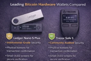 Comparison of hardware wallets: Ledger Nano S Plus and Trezor Safe 5 for Bitcoin storage security in 2026