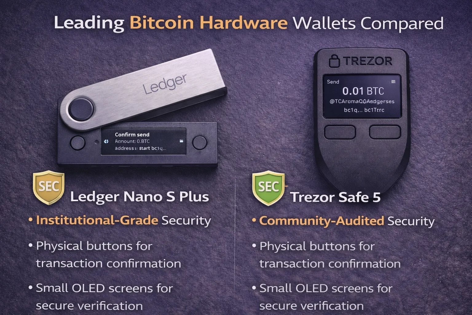 Comparison of hardware wallets: Ledger Nano S Plus and Trezor Safe 5 for Bitcoin storage security in 2026