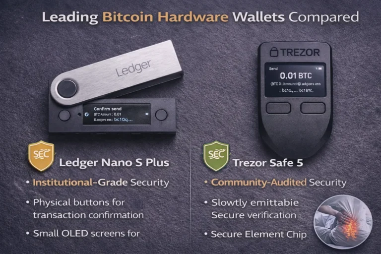 Comparison of hardware wallets: Ledger Nano S Plus and Trezor Safe 5 for Bitcoin storage security in 2026