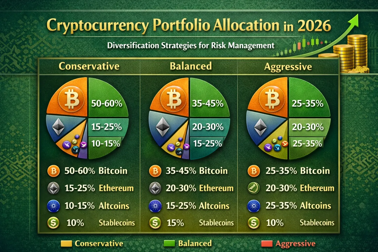 Crypto portfolio allocation framework showing Bitcoin, Ethereum, altcoins, and stablecoins percentages