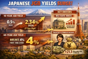Chart showing Japanese government bond yields: 10-year JGB at 2.34%, 30-year at 3.68%, 40-year at record 4%, January 2026 sell-off