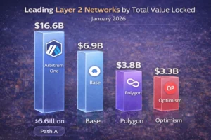Top Layer 2 networks by total value locked 2026: Arbitrum $16.6B, Base $10B, Polygon, Optimism