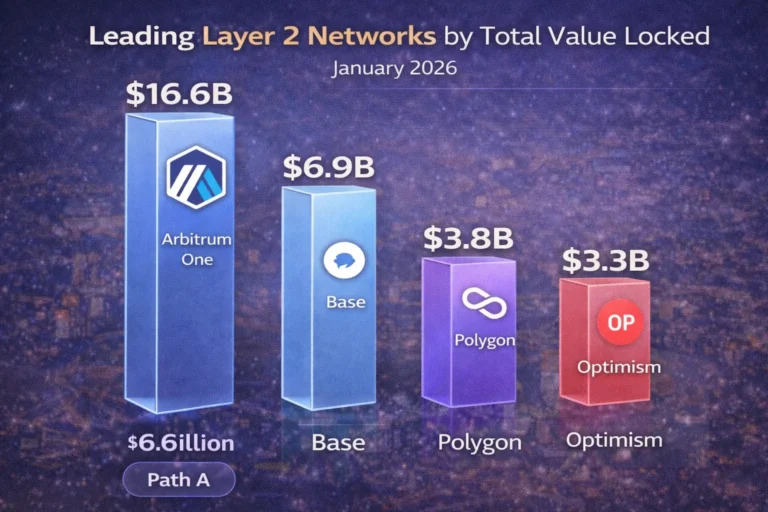 Top Layer 2 networks by total value locked 2026: Arbitrum $16.6B, Base $10B, Polygon, Optimism