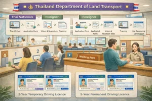 Thai DLT office worker assisting customer with driving licence renewal application process