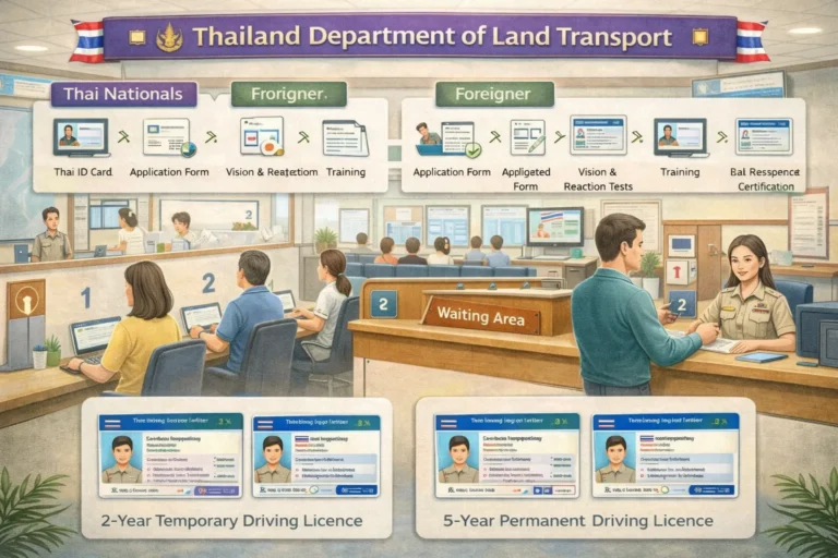 Thai DLT office worker assisting customer with driving licence renewal application process