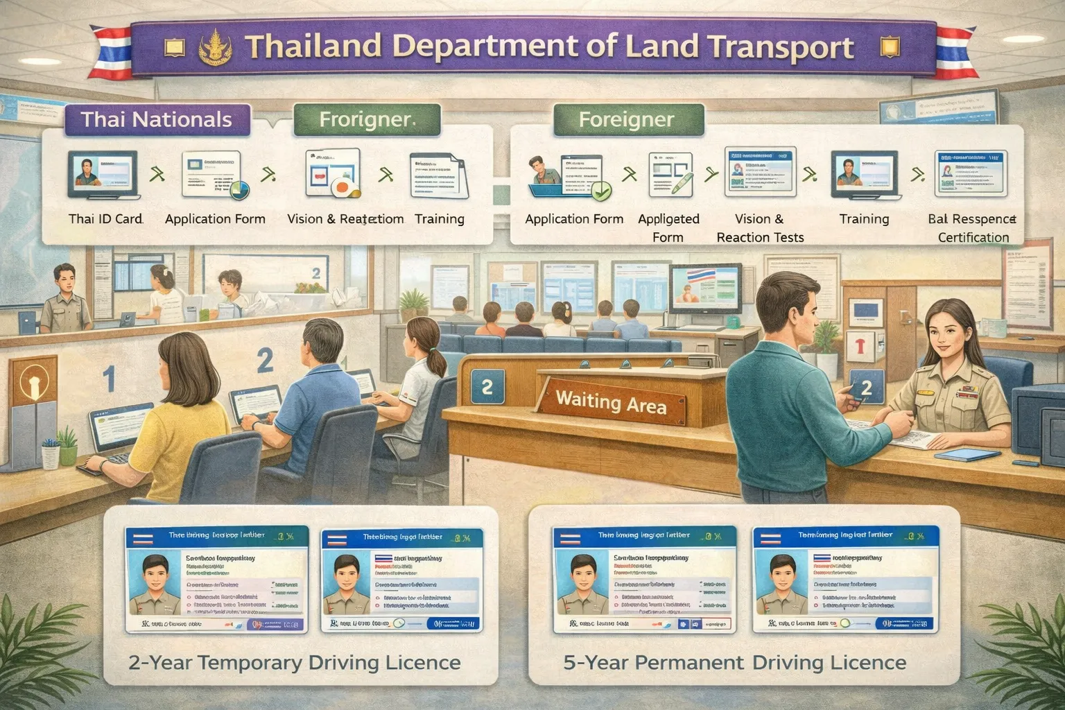 Thai DLT office worker assisting customer with driving licence renewal application process