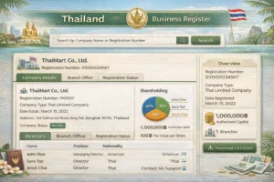 Thailand business register dashboard showing Thai limited company registration status and branch office details