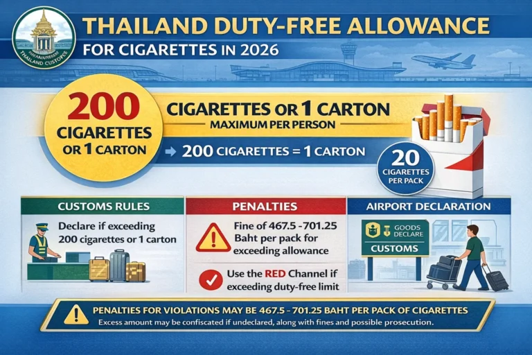 Thailand duty free cigarettes limit 200 per person customs 2026