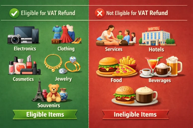 Visual comparison of eligible items for VAT refund including electronics, jewelry, cosmetics and ineligible items like services and food