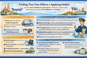 To find Thai visa offices and get guidance, use the official Thailand e-Visa website to apply online and locate your nearest mission