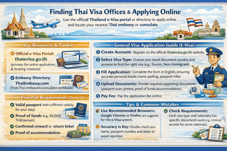 To find Thai visa offices and get guidance, use the official Thailand e-Visa website to apply online and locate your nearest mission