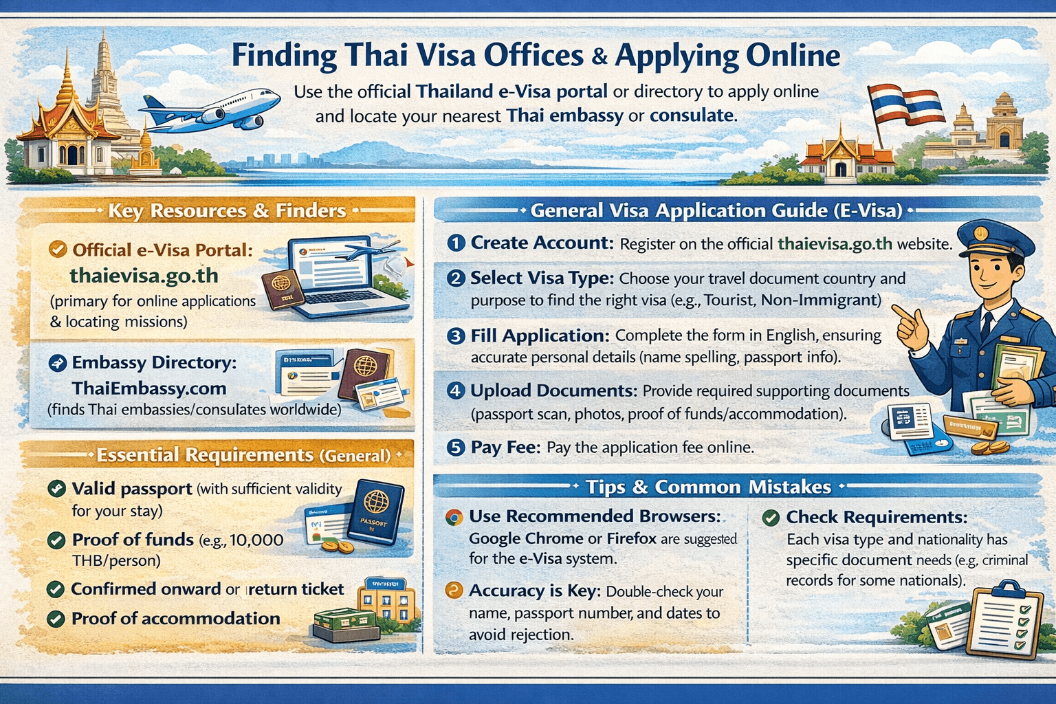 To find Thai visa offices and get guidance, use the official Thailand e-Visa website to apply online and locate your nearest mission