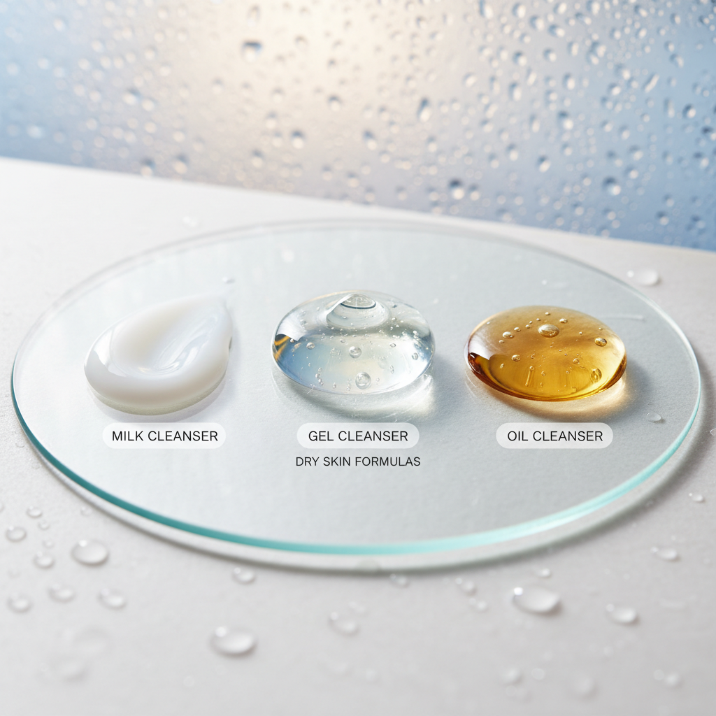 Comparison of cleanser textures: milky, gel, and oil for sensitive skin