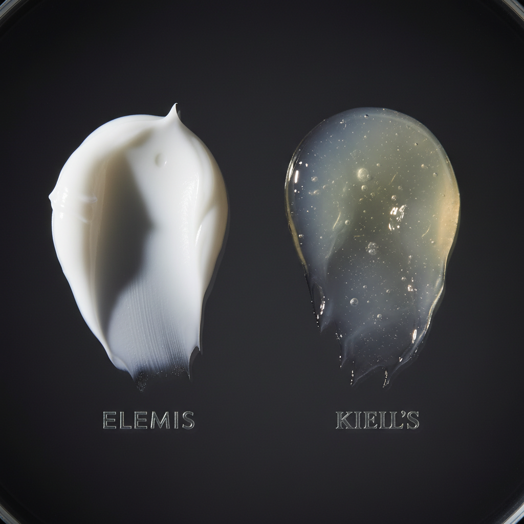 Texture comparison of Elemis night cream versus Kiehl's overnight mask showing cream versus balm consistency