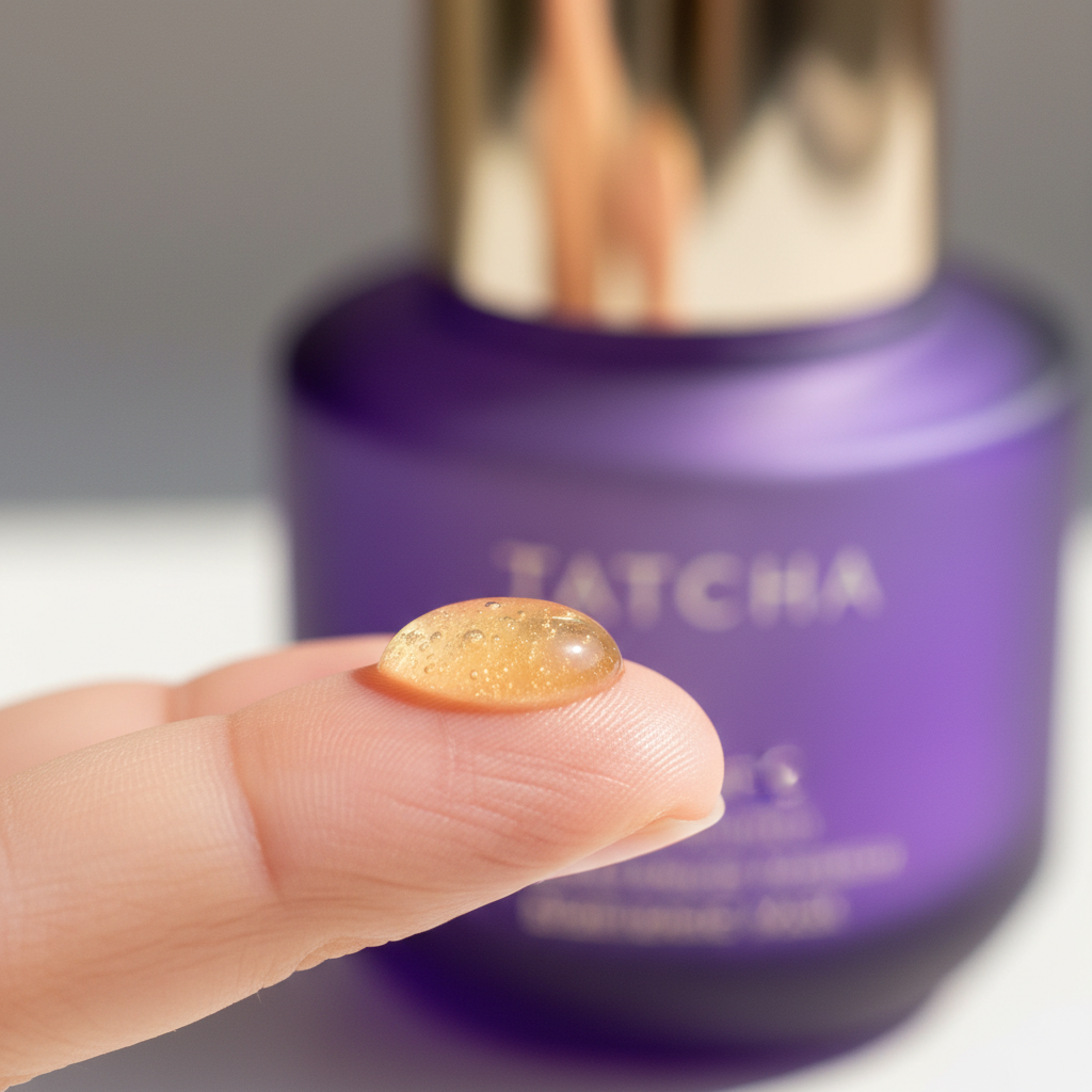 Close-up texture shot of Tatcha Brightening Serum showing lightweight consistency.