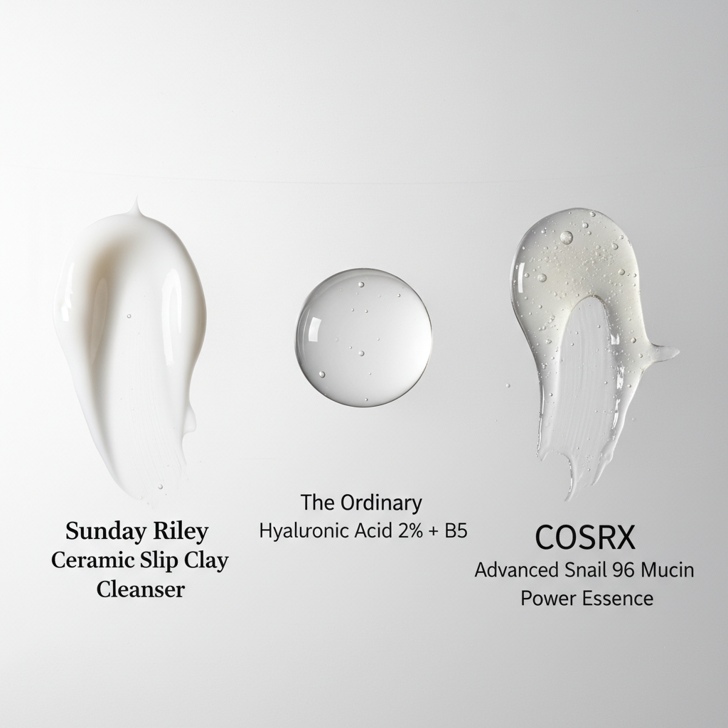 Macro texture comparison of creamy lotion, watery serum, and viscous snail mucin essence