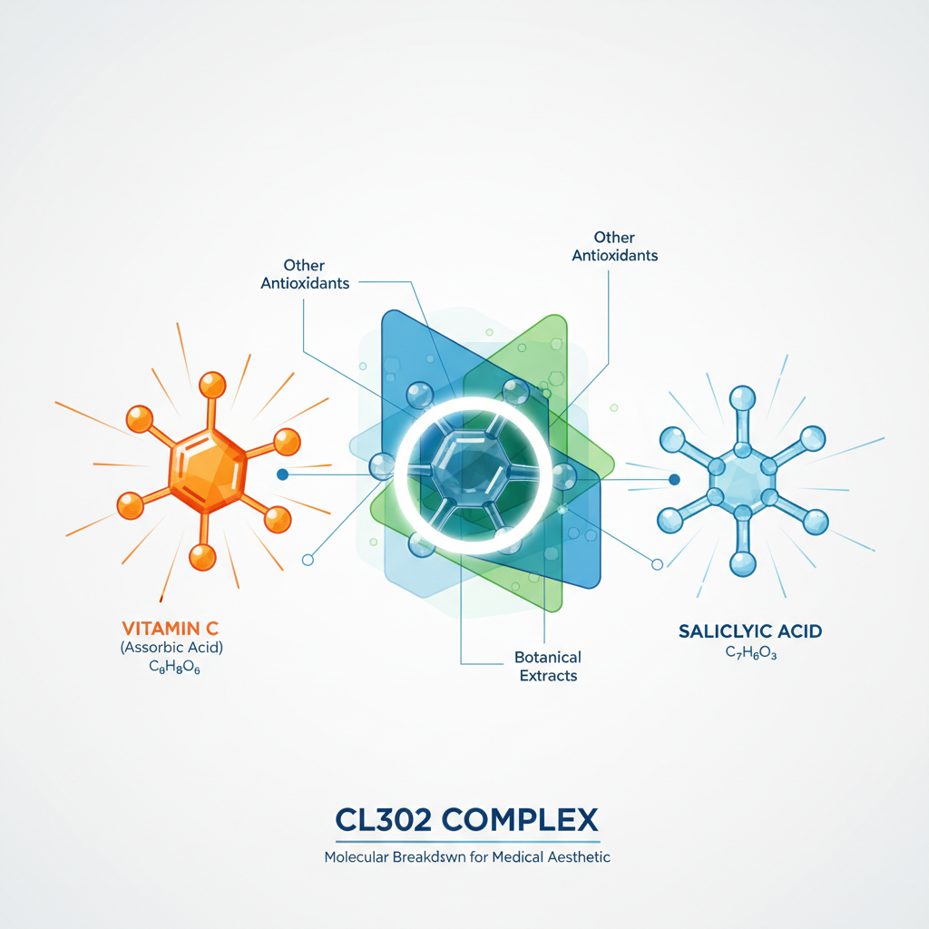 Infographic showing ingredients of Clinique CL302 Complex including Vitamin C and Salicylic Acid