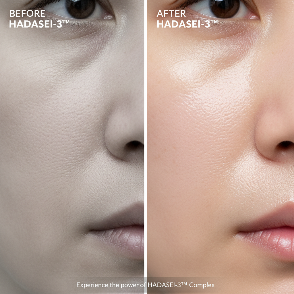 Comparison of dry skin versus dewy, hydrated skin texture after using Tatcha moisturizer.