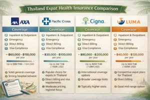 Expat family reviewing health insurance coverage options for Thailand with comparison chart