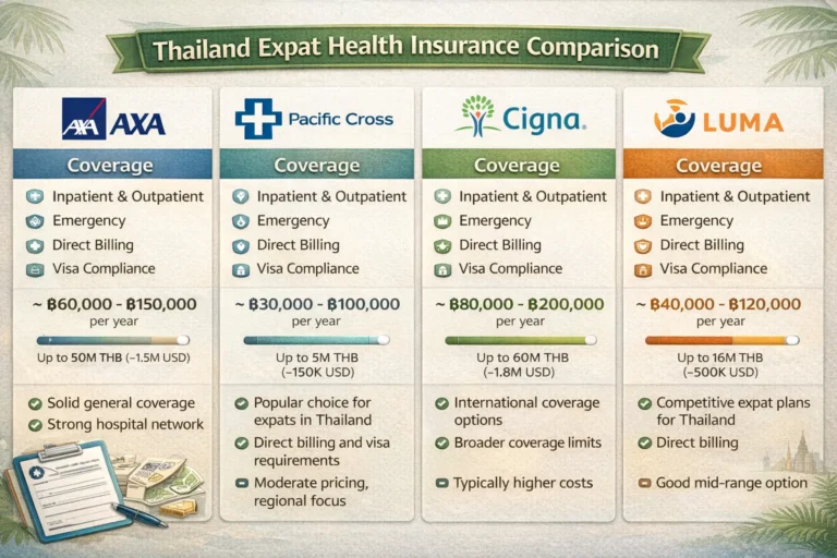 Expat family reviewing health insurance coverage options for Thailand with comparison chart