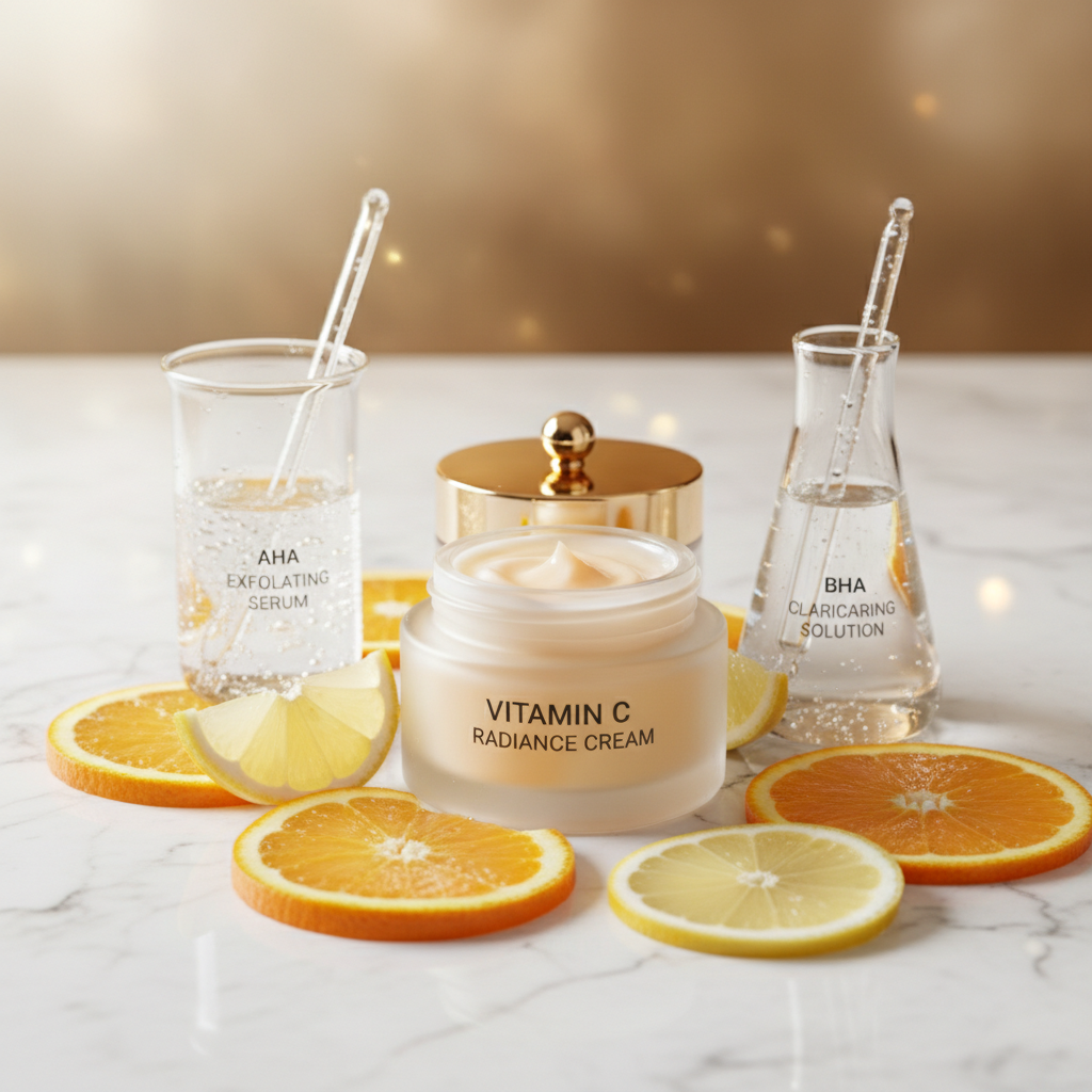 Best Vitamin C Cream for Glowing Skin & AHA/BHA Care display with citrus and scientific elements