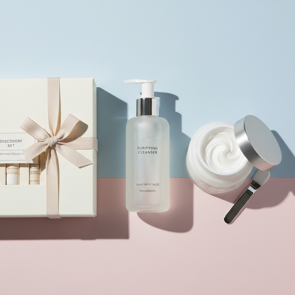 Best Cleanser & Cream for Dry, Sensitive Skin & Skincare Gift Sets displayed in a professional flat lay