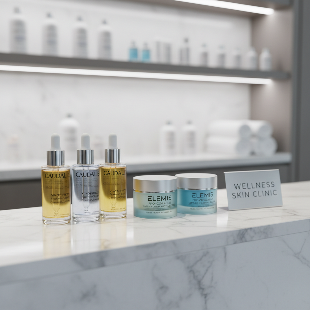 Skin Care Clinic Guide: Caudalie Serum, Elemis & Whitening Creams display on marble counter
