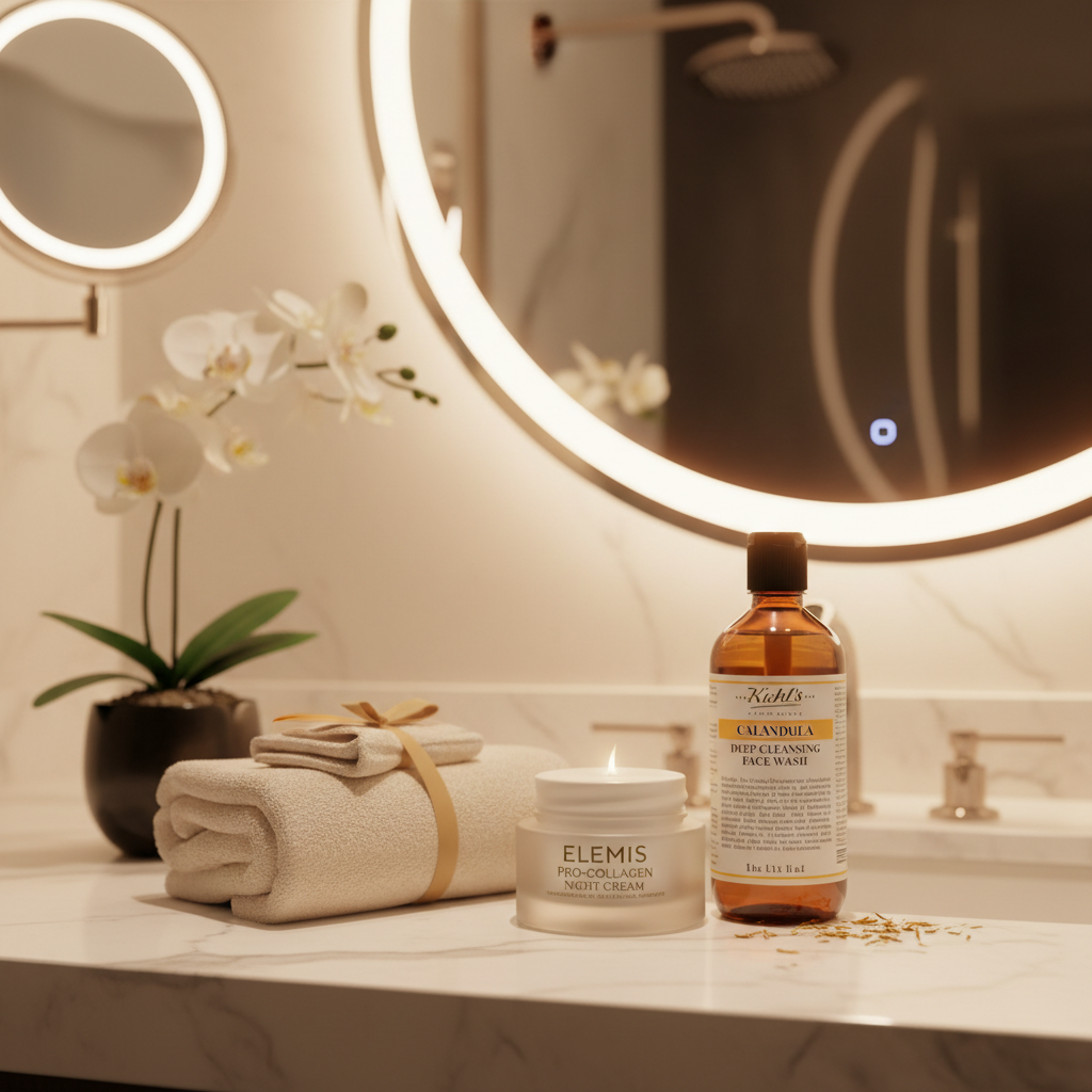 Elemis Night Cream and Kiehl's Face Wash displayed on a luxury bathroom counter for a nightly skincare routine