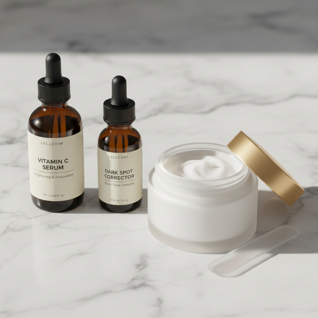 Skincare regimen products displaying dark spot serum and body moisturizer on a clinical surface