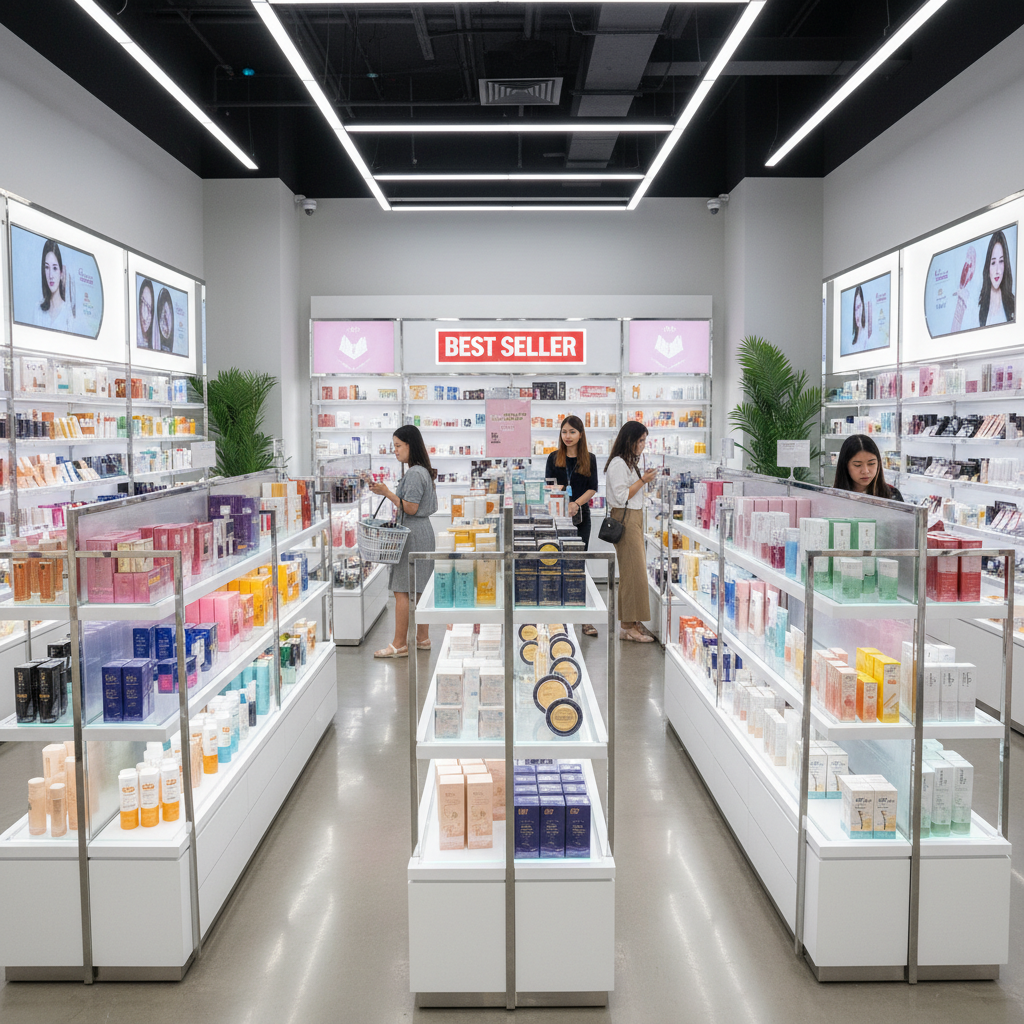 Shelves of popular skincare to buy in Thailand at a modern beauty retailer