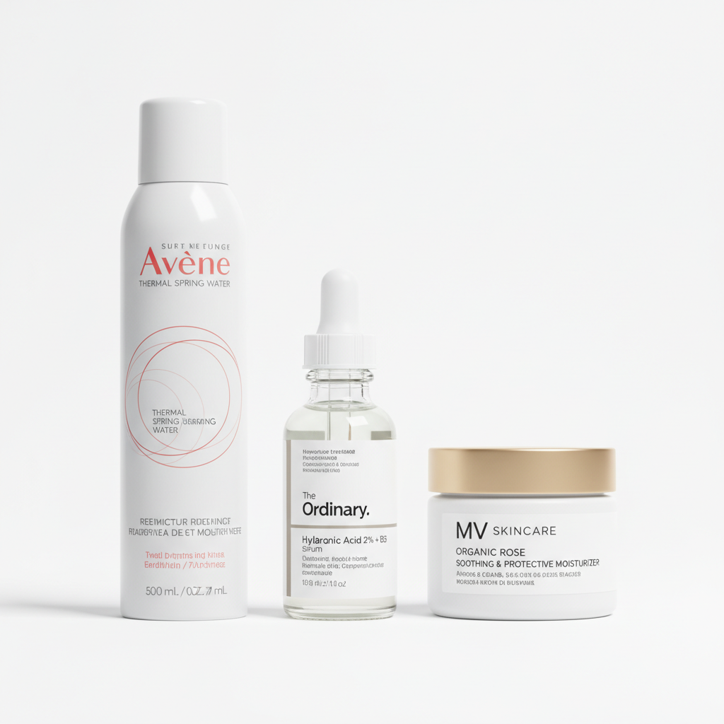 Comparison of Avene, The Ordinary, and MV Skincare product bottles