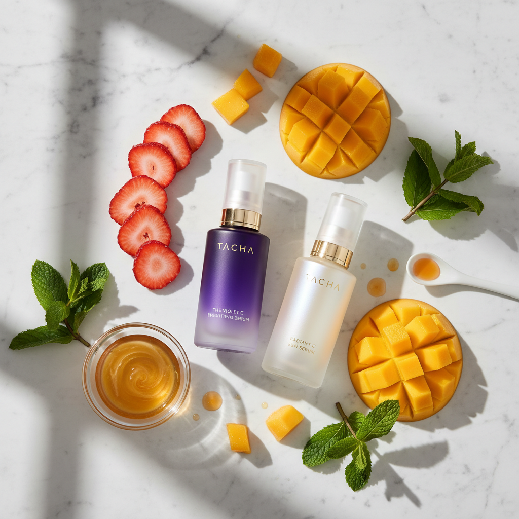 Tatcha Vitamin C serum bottles displayed with fresh fruit smoothie ingredients for skin health.